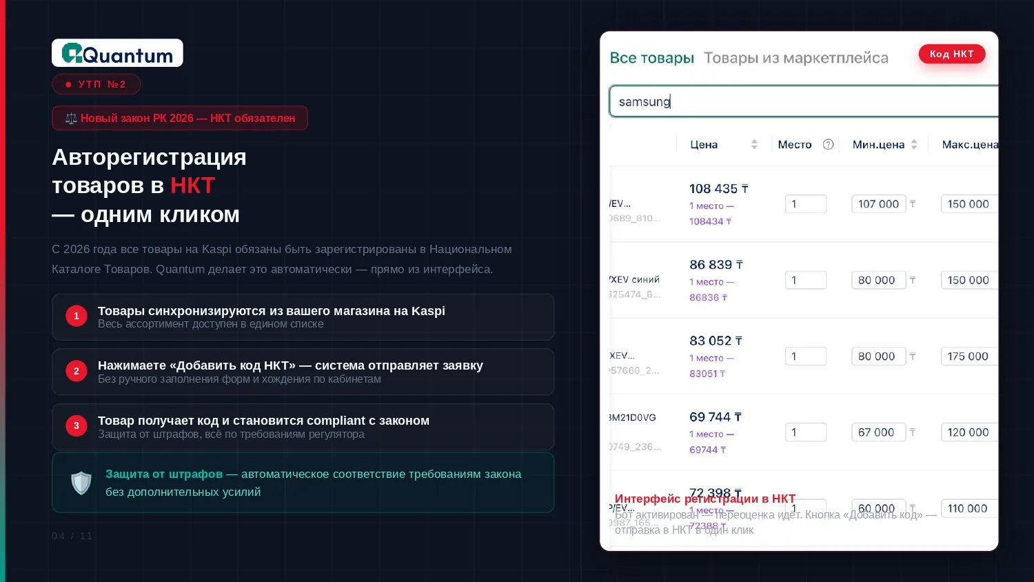 Kaspi.kz дүкеніндегі тауарлар бағасы мен сатылым деректері бар QuantumBot.kz қызметінің экрандық көрінісі