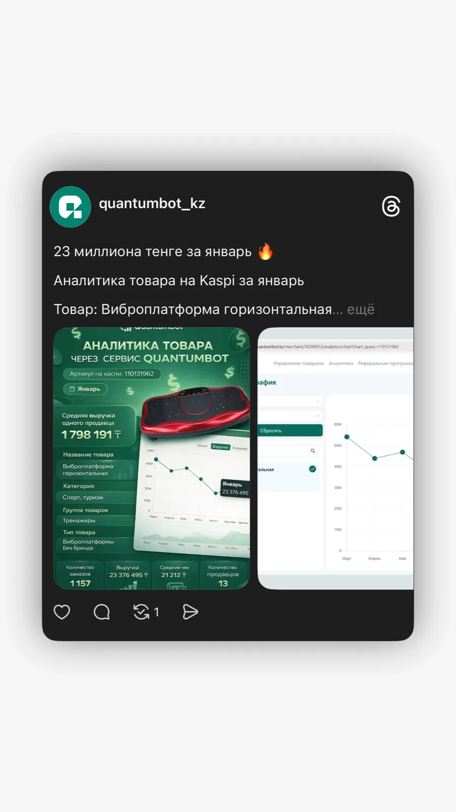 Kaspi-дегі тауарлар сатылымы мен аналитикасы көрсетілген Quantumbot қызметінің скриншоты
