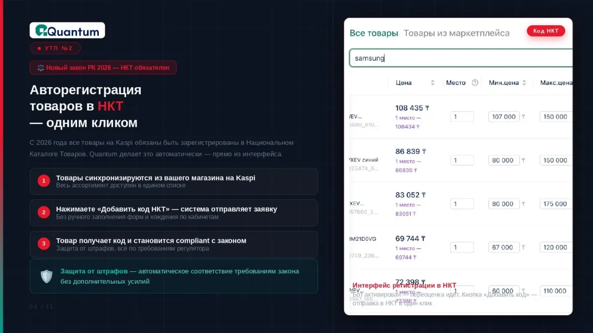 QuantumBot интерфейсіндегі Kaspi тауарларының бағасы, орны және шекті бағалары көрсетілген кесте QuantumBot интерфейсіндегі Kaspi тауарларының бағасы, орны және шекті бағалары көрсетілген кесте