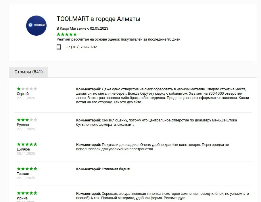 Kaspi.kz интернет-дүкеніндегі TOOLMART тауар картасы мен сатып алушы пікірлері бар экран фотосы Kaspi.kz интернет-дүкеніндегі TOOLMART тауар картасы мен сатып алушы пікірлері бар экран фотосы