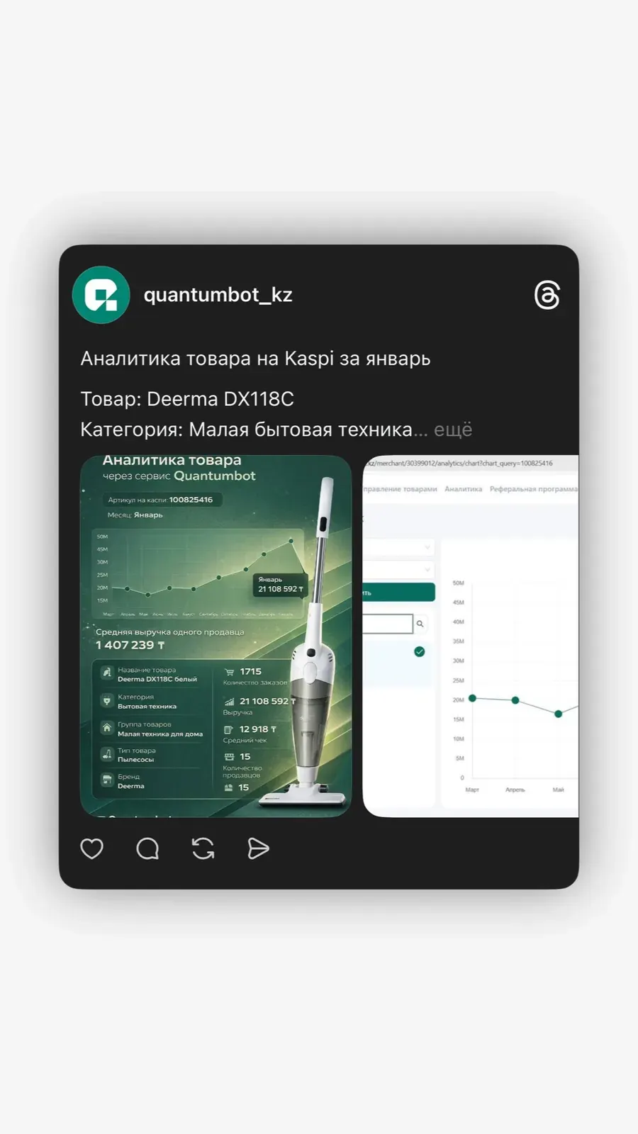 Kaspi.kz-та тауар аналитикасы көрсетілген Quantumbot интерфейсінің скриншоты Kaspi.kz-та тауар аналитикасы көрсетілген Quantumbot интерфейсінің скриншоты